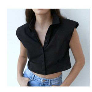 New Zara Women's Sleeveless Poplin Shirt Top Shoulder Pads Collared Black Size S